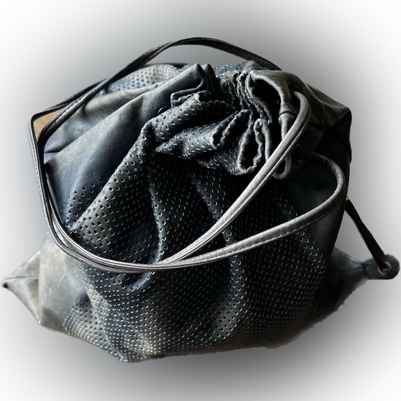 Vintage Leather Backpack Purse Dark Slate Blue Grey Taupe & Gold Tone hardware - Picture 2 of 5